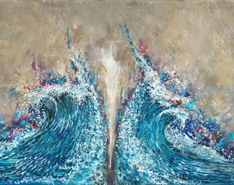 Puede incluir: Pintura abstracta de dos grandes olas azules chocando entre sí, con una luz blanca brillando a través del centro. El fondo es de color marrón claro con salpicaduras de morado, rojo y azul.
