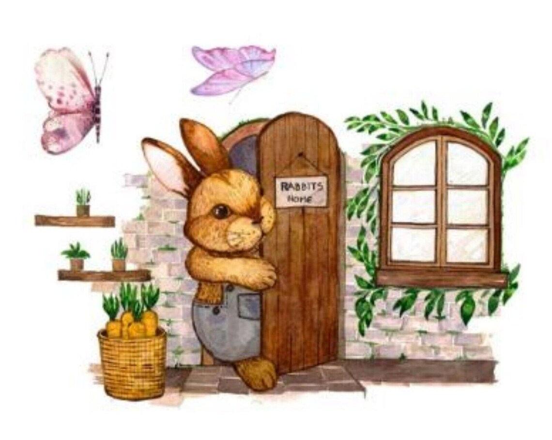 Sticker Rabbit Making House Rabbit and His House Sticker, Cute Rabbit Self-adhesive Sticker 12x15cm ...