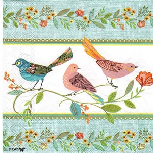 4pcs Servilletas Decoupage, Juego de 4 Servilletas de Papel, 33x33cm (13 pulgadas), Servilleta - Pájaros y Flores Pastel, Serviette