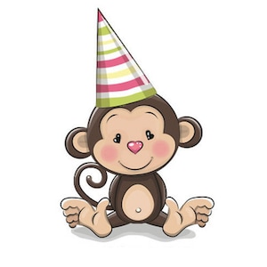 May include: A cartoon monkey wearing a green, white, and pink striped party hat. The monkey is sitting with its legs crossed and has a big smile on its face.