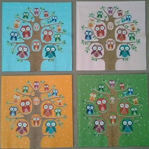 4pcs Decoupage Napkins, Set of 4 Paper Napkins, 33x33cm, Napkin - Cartoon Owls on the Tree, Serviette