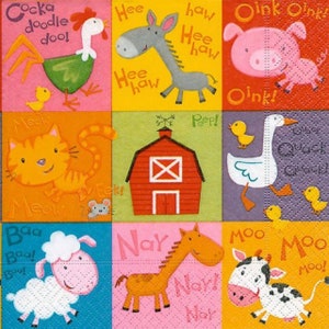 4 servilletas de decoupage, Juego de 4 servilletas de papel, 33 x 33 cm, Animales alegres del patio, Bonita granja, Servilleta de dibujos animados para niños, Servilleta