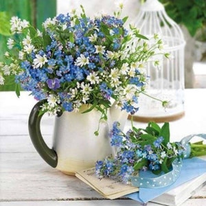 4 serviettes de table pour découpage, lot de 4 serviettes en papier, 33 x 33 cm (13 pouces), serviette de table - fleurs myosotis, bouquet de fleurs bleues, serviette