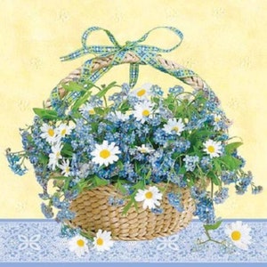 4 szt. serwetek do decoupage'u, zestaw 4 serwetek papierowych, 33 x 33 cm, serwetka - kwiaty niezapominajki w koszyku, niebieskie kwiaty i stokrotki, serwetka