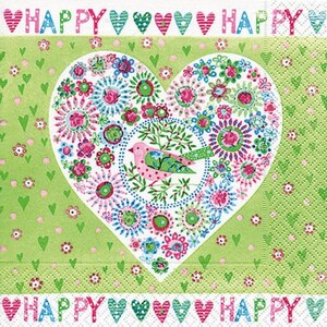 4 serviettes de table pour découpage, lot de 4 serviettes en papier, 33 x 33 cm (13 pouces), serviette de table - coeur de fleurs colorées avec oiseau, serviette