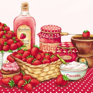 4 tovaglioli per découpage, set di 4 tovaglioli di carta, 33 x 33 cm (13 pollici), tovagliolo, fragole rosse, marmellata di fragole, sciroppo e dolci, tovagliolo