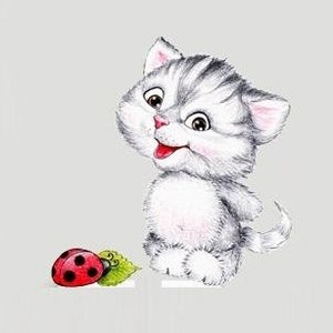 Adesivo simpatico gatto, gattino con coccinella, adesivi autoadesivi, 10 x 7 cm