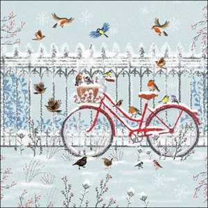 4 serviettes de table pour découpage, lot de 4 serviettes en papier, 33 x 33 cm (13 pouces), serviette de table - Vélo dans la neige près de la clôture et des oiseaux, hiver, serviette