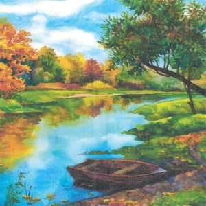 Tovaglioli per decoupage, 4 pezzi, set di 4 tovaglioli di carta, 33x33 cm, tovagliolo - Barca sul lago nella natura, in campagna, tovagliolo