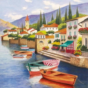 Tovaglioli per decoupage da 4 pezzi, set di 4 tovaglioli di carta, 33x33 cm (13 pollici), tovagliolo - Città di mare, mare, barche e case, tovagliolo