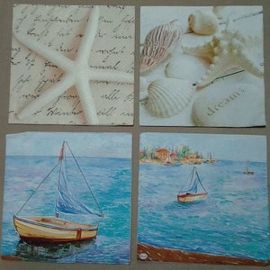 4pcs Servilletas Decoupage, Juego de 4 Servilletas de Papel, 33x33cm (13 pulgadas), Servilleta - Mar, Barco, Estrella de Mar, Conchas, Mar, Servilleta Náutica