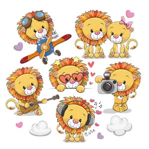 May include: A set of seven cartoon lion illustrations. The lions are wearing different accessories, such as sunglasses, headphones, and a pilot's hat. One lion is playing a guitar, another is holding a camera, and another is flying a plane. The lions are all smiling and have a playful expression.