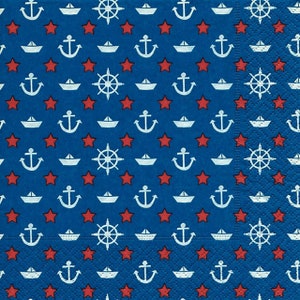 Tovaglioli per decoupage, 4 pezzi, set di 4 tovaglioli di carta, 33x33 cm, tovagliolo - Immagini nautiche su blu (navi, timoni, ancore, stelle), marinaio