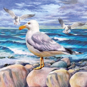 Tovaglioli per decoupage da 4 pezzi, set di 3 tovaglioli di carta, 33x33 cm (13 pollici), tovagliolo - Gabbiani al mare, al mare, tovagliolo