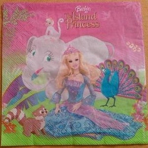 4 Stück Decoupage Servietten, 4er-Set Papierservietten, 33 x 33 cm, Serviette - Barbie - Die Insel Prinzessin, Kinder-Serviette