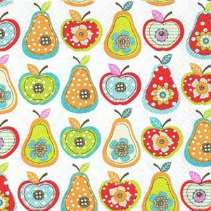 Tovaglioli per decoupage da 4 pezzi, set di 4 tovaglioli di carta, 33x33 cm (13 pollici), tovagliolo - Pere e mele colorate allegre, frutta dei cartoni animati, tovagliolo