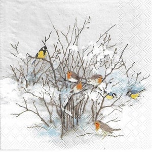 4 serviettes de table pour découpage, lot de 4 serviettes en papier, 33 x 33 cm (13 pouces), serviette de table - Oiseaux sur un buisson enneigé, hiver et neige, serviette