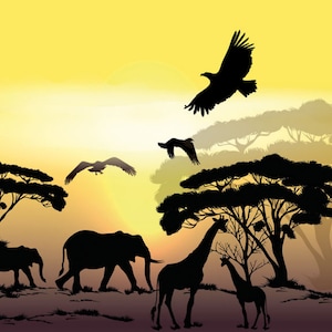 4 Stück Decoupage Servietten, 4er Set Papierservietten, 33x33cm, Serviette - Sonnenaufgang über Afrika, Sonnenuntergang, Afrika, Safari Tiere, Serviette