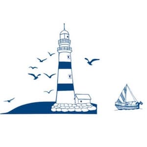 Adesivo Faro Blu, Faro sul Mare, Barca e Gabbiani Adesivi Autoadesivi, 50x25,5 cm