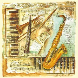 4-delige servetten decoupage, set van 4 papieren servetten, 33 x 33 cm, servet - muziek, muziekinstrumenten (piano, saxofoon, trompet), bladmuziek