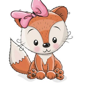 Puede incluir: Una ilustración de dibujos animados de un lindo zorro naranja con un lazo rosa. El zorro está sentado con la cola enroscada detrás de él.
