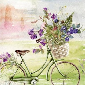 4 szt. Serwetki do decoupage'u, Zestaw 4 Serwetek Papierowych, 33 x 33 cm, Serwetka - Rower z Fioletowymi Kwiatami, Kosz z Kwiatami, Rower, Serwetka