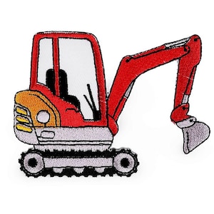 Könnte beinhalten: Roter und grauer gestickter Bügelaufkleber einer kleinen Baggerschaufel mit schwarzer Raupe und rotem Arm.