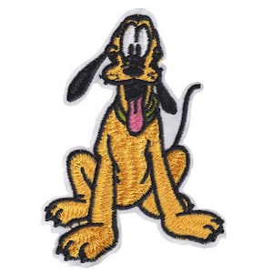 May include: An embroidered patch featuring Pluto, a cartoon dog from Disney. Pluto is sitting with his tongue sticking out and his ears perked up. The patch is yellow, black, and pink.