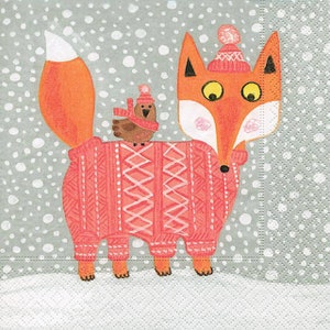 4 serviettes de table à servir, 33 x 33 cm, renard avec oiseau, neige et animaux, serviette