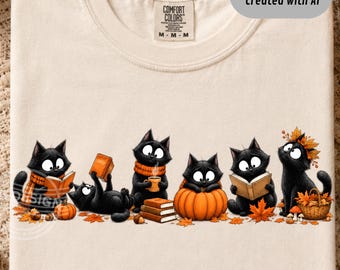 Może przedstawiać: Kremowy t-shirt z krótkim rękawem z grafiką przedstawiającą sześć czarnych kotów w jesiennej scenerii. Koty są ukazane podczas czytania książek, siedzenia na dyni, trzymania kubka i noszenia szalików, w otoczeniu opadłych pomarańczowych liści.
