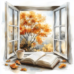Puede incluir: Pintura a la acuarela de una ventana abierta con vistas a una vibrante escena otoñal. Una taza de café y un libro abierto descansan en el alféizar, rodeados de hojas caídas. El árbol exterior muestra follaje naranja y rojo.