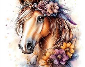 Clipart de Cavalo Floral em Aquarela: Design Rústico Ocidental (Download Digital)