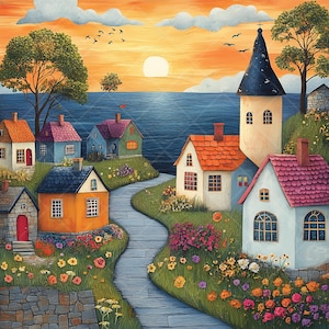 10 imágenes prediseñadas de pueblos de arte popular en formato JPG. Casas coloridas de arte pop al atardecer. Ilustración de pueblo caprichoso, encanto rústico, vista panorámica. Descarga digital.