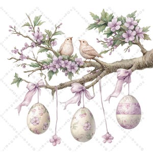 以下が含まれることがあります： 水彩画のイラストで、花の咲く枝に止まっている2羽の鳥が描かれています。枝には、花の模様とラベンダー色のリボンが付いたイースターエッグが吊り下げられています。この画像は、春またはイースターをテーマにした、柔らかいパステルカラーのパレットを使用しています。