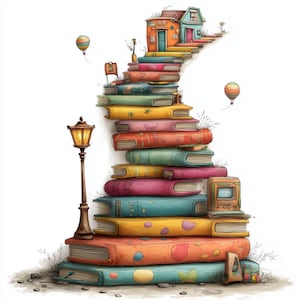 May include: A whimsical illustration depicts a staircase made of colorful books leading to two small houses. A vintage street lamp stands beside the books, and two hot air balloons float in the background. The books are various colors, including orange, pink, and green.