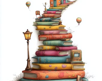 Puede incluir: Una ilustración caprichosa representa una escalera hecha de libros coloridos que conduce a dos casas pequeñas. Una farola vintage se encuentra junto a los libros, y dos globos aerostáticos flotan en el fondo. Los libros son de varios colores, incluyendo naranja, rosa y verde.