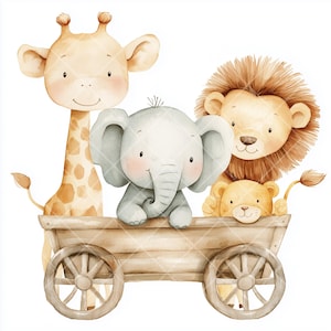 Imágenes prediseñadas de animales de safari: 11 ilustraciones en acuarela JPG de elefantes, leones y jirafas para guarderías, habitaciones infantiles y manualidades.