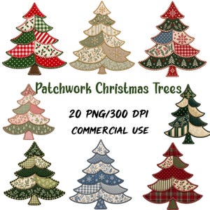 May include: A collection of eight digital illustrations of patchwork Christmas trees featuring various patterns like plaid, gingham, and floral prints in red, green, blue, and beige. Text reads: Patchwork Christmas Trees, 20 PNG/300 DPI, COMMERCIAL USE.