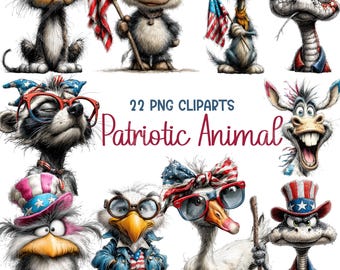 Patriotic Animal Clipart Bundle PNG | Whimsical USA Animals | 4th of July Cartoon Animals | Independence Day Digital Art