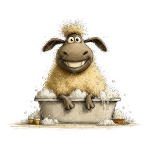 May include: A cartoon illustration of a sheep enjoying a bath in a tub full of bubbles. The sheep has a large smile and is surrounded by foam. Two small bottles and a brush are on the side.