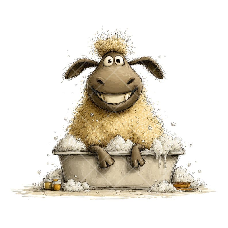 May include: A cartoon illustration of a sheep enjoying a bath in a tub full of bubbles. The sheep has a large smile and is surrounded by foam. Two small bottles and a brush are on the side.