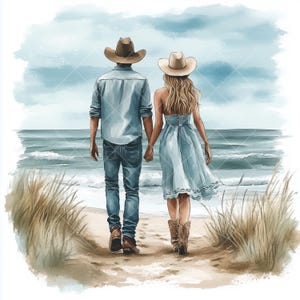 Clipart aquarelle de couple plage romantique, main dans la main, illustration amour bord de mer, art numérique cow-boy champêtre | Cadeau d'anniversaire de mariage