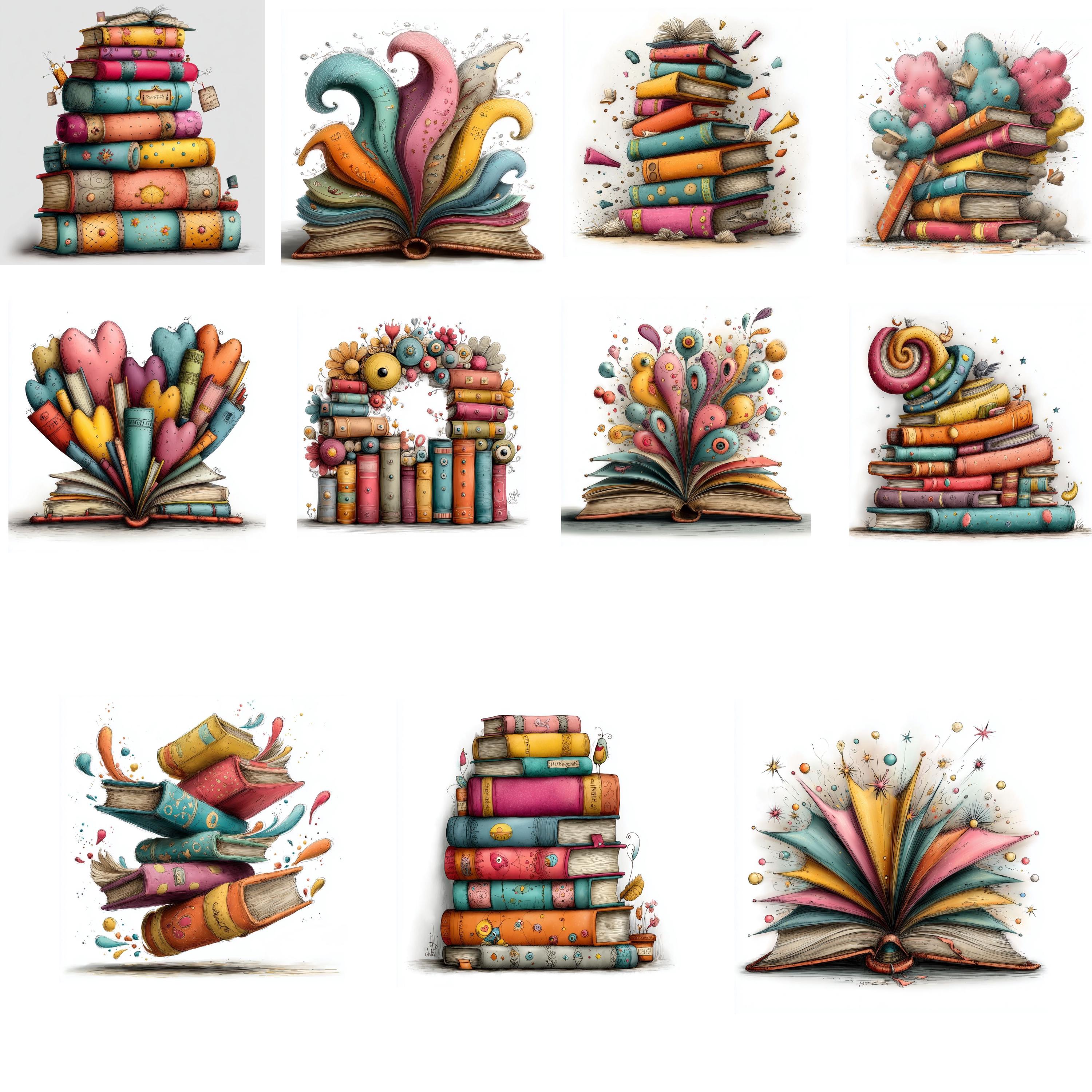 45 Whimsical Book Clipart JPG, Cute Book Stack Illustrations, Reading ...