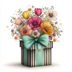 May include: A watercolor illustration of a gift box overflowing with colorful flowers. The box is striped with black and gold, tied with a teal bow. The flowers include pink, yellow, orange, and white blooms, creating a vibrant floral arrangement.