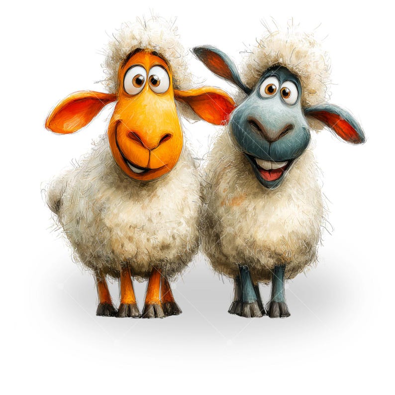 May include: A digital illustration of two smiling sheep. One sheep has an orange face and ears, the other has a blue face and ears. Both have white fluffy wool and are standing side by side against a white background.