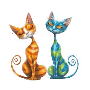 May include: Two whimsical cat illustrations. One is orange with brown stripes, the other is blue with green and blue stripes. Both cats have closed eyes and curled tails, set against a white background.