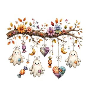 May include: A horizontal tree branch decorated with hanging ornaments including three white ghost figures with stitched patches, two wrapped sweets, two crescent moons, and two heart-shaped fabric ornaments, all surrounded by colourful autumn leaves.