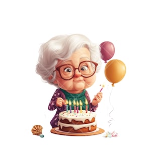 Nonna carina dei cartoni animati che soffia sulle candeline della torta di compleanno / 10 clipart PNG / Illustrazione di celebrazione divertente per donne anziane / Download digitale