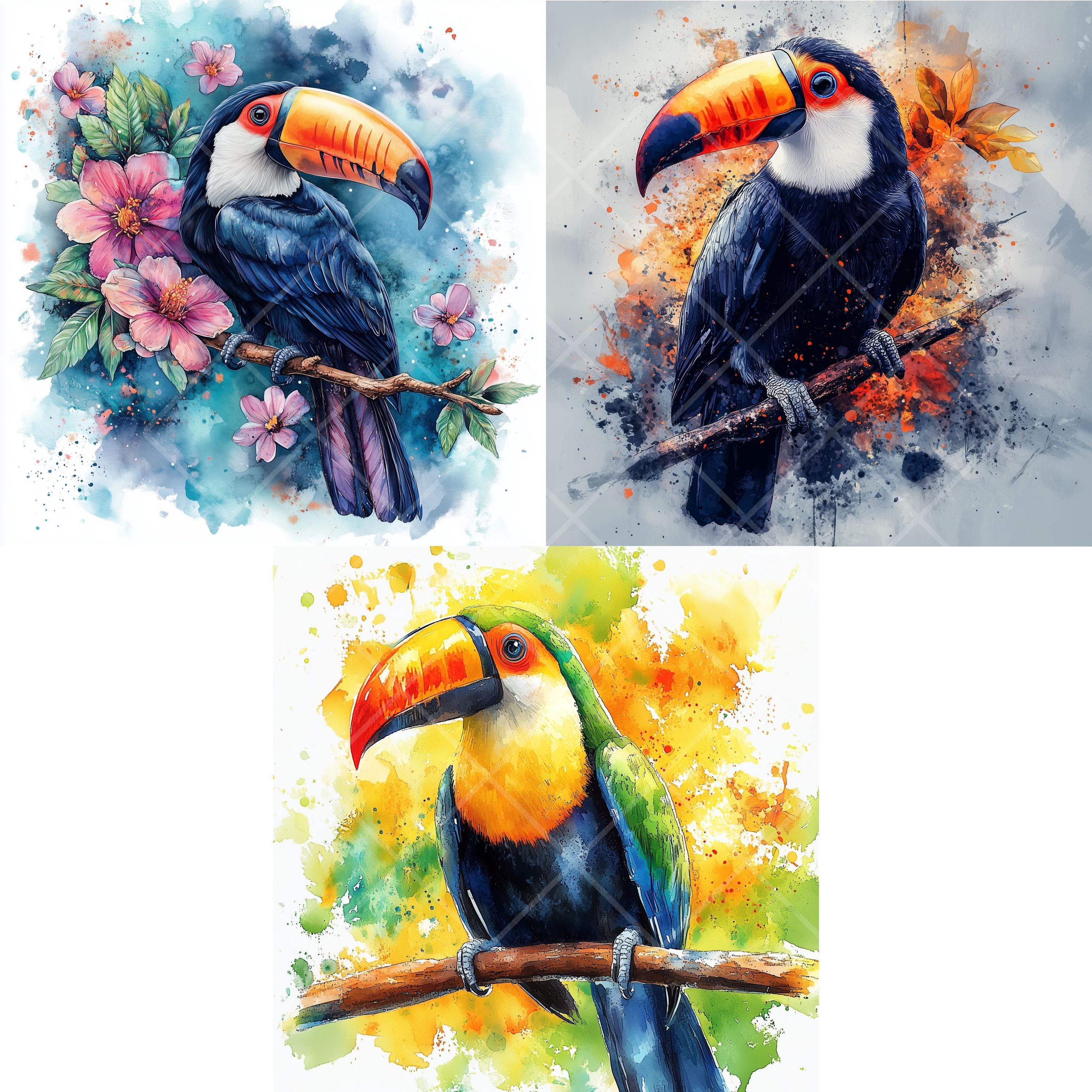 水彩画のオオハシのクリップアート：熱帯の鳥、ボヘミアンジャングル