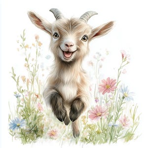 水彩画の子ヤギのクリップアート：農場の動物アート（JPGファイル10個）